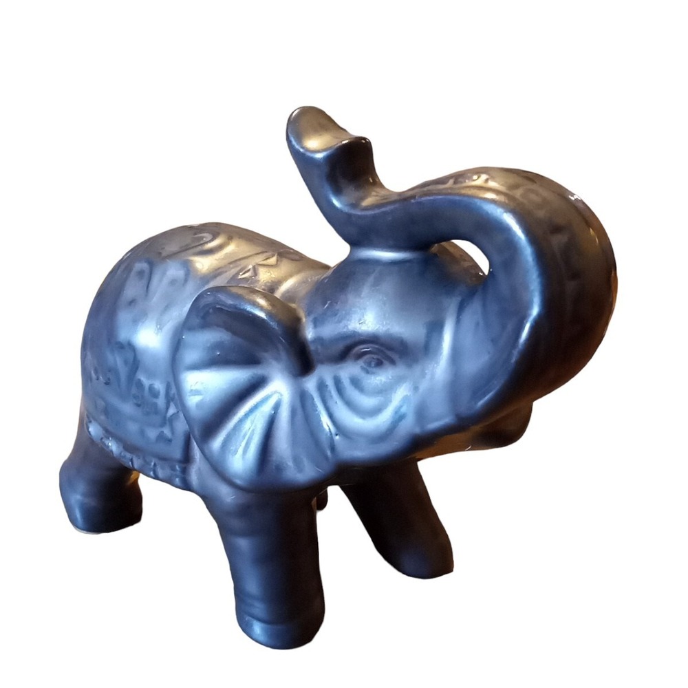 Elephant Trunk Up Good Luck Figurine Black Gray Vtg Ceramic Pottery 6.5"Tx7"L